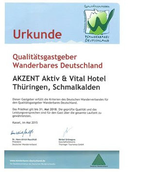 Qualitätsgastgeber Wanderbares Deutschland - AKZENT Aktiv- & Vital Hotel Thüringen